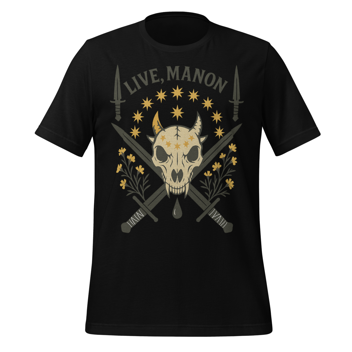 Live Manon Skull Swords and Floral Design Graphic Tee