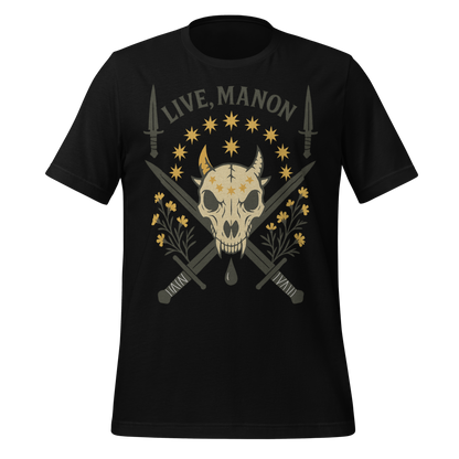 Live Manon Skull Swords and Floral Design Graphic Tee