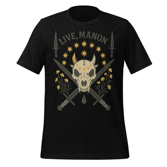 Live Manon Skull Swords and Floral Design Graphic Tee