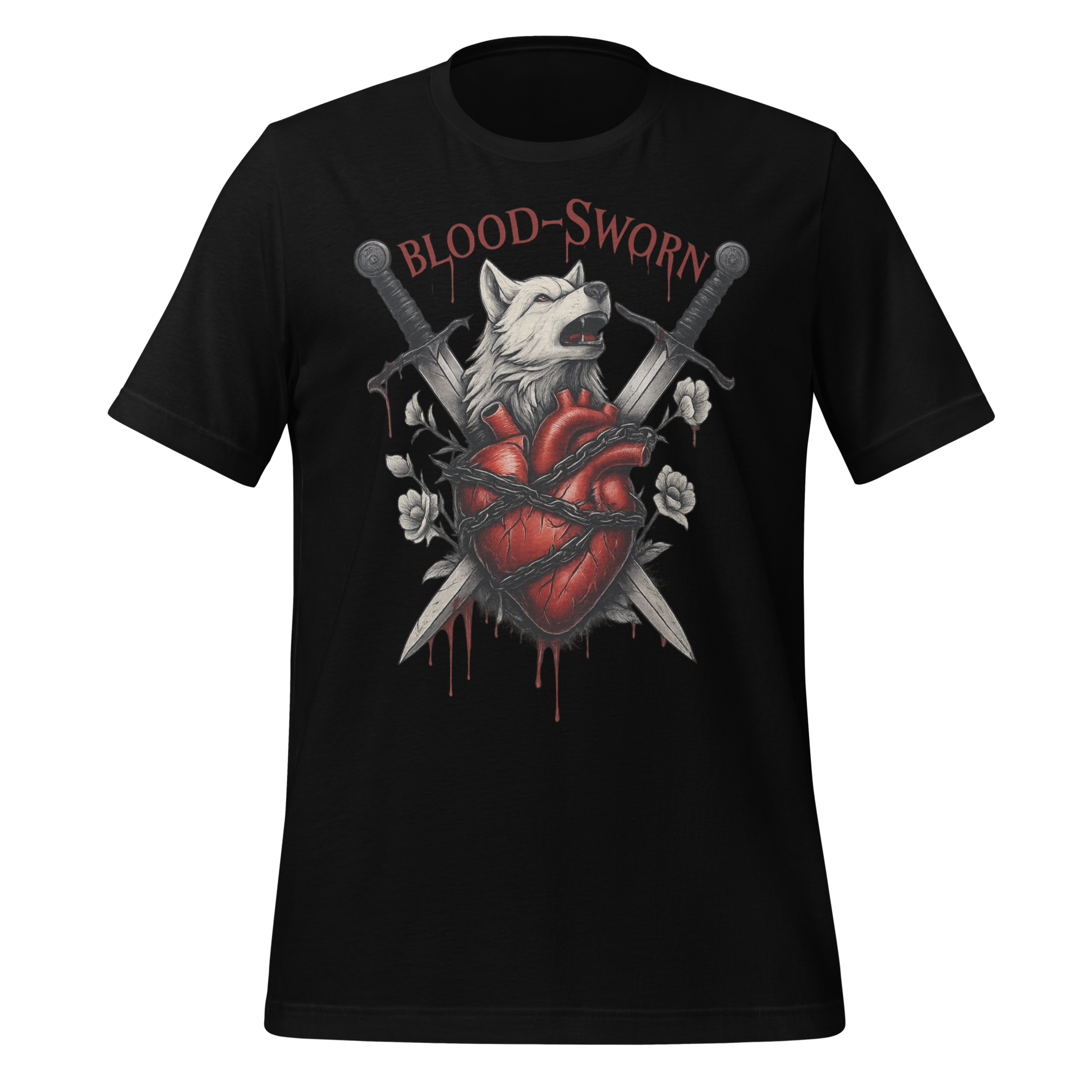 Blood-Sworn Wolf Swords Anatomical Heart Graphic Design Tee - MagicMerchEmporium