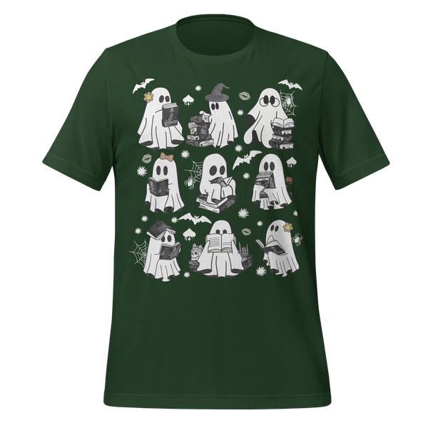 Spooky Reading Ghosts With Books Halloween Illustration Tee in Forest