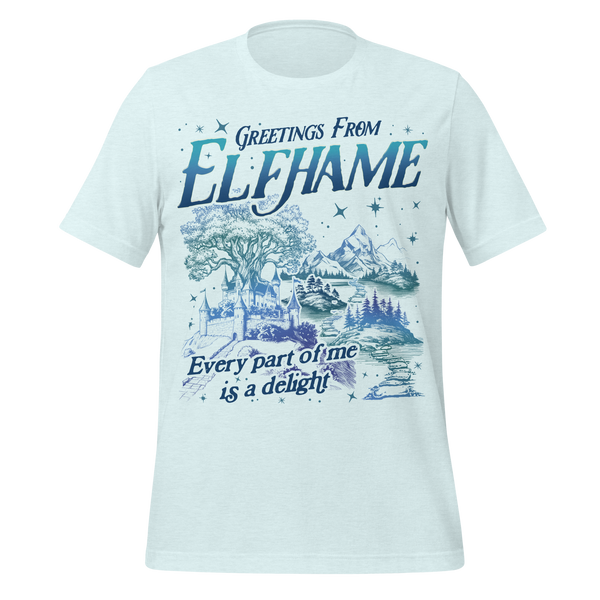 Greetings from Elfhame Tee in Heather Ice Blue