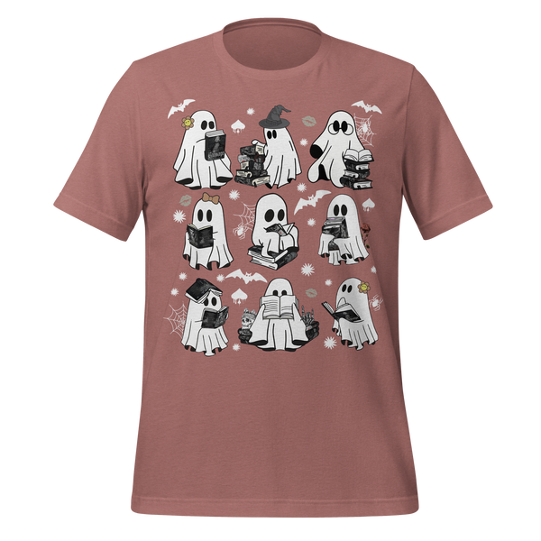 Spooky Reading Ghosts With Books Halloween Illustration Tee in Heather Mauve