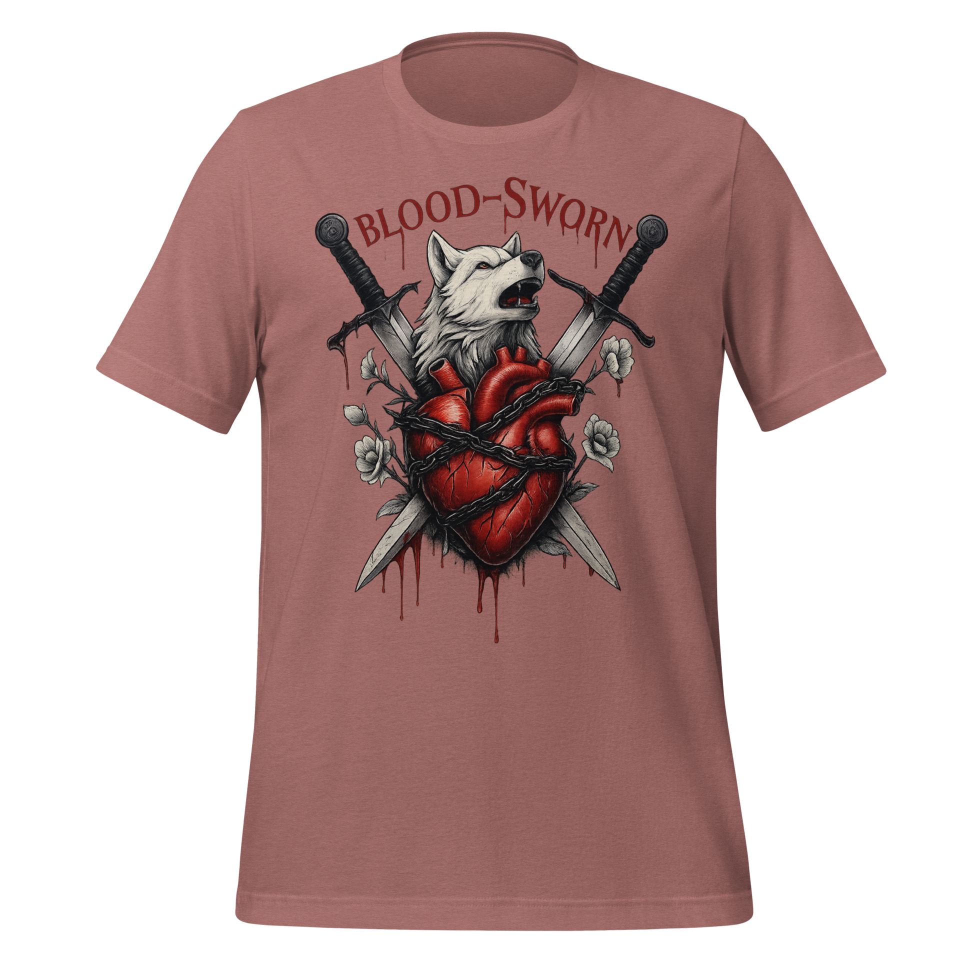 Blood-Sworn Wolf Swords Anatomical Heart Graphic Design Tee - MagicMerchEmporium