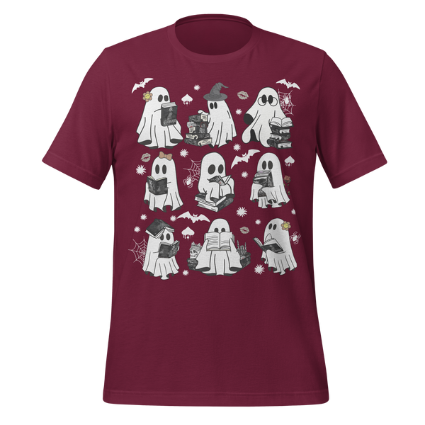 Spooky Reading Ghosts With Books Halloween Illustration Tee in Maroon