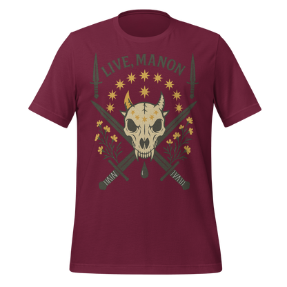 Live Manon Skull Swords and Floral Design Graphic Tee