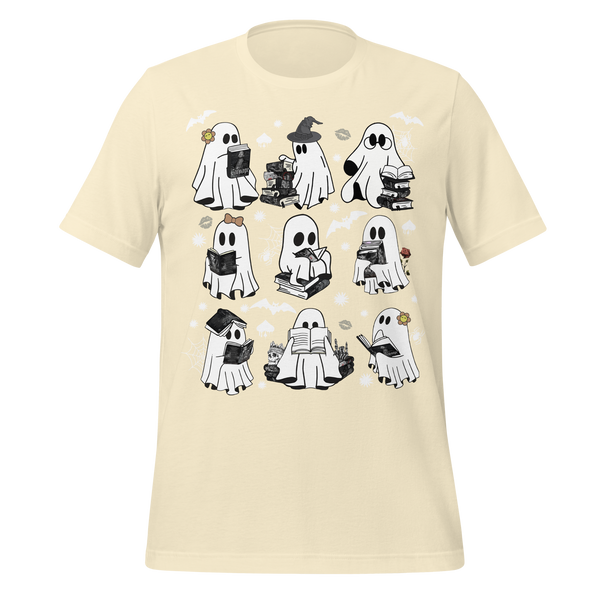 Spooky Reading Ghosts With Books Halloween Illustration Tee in Natural