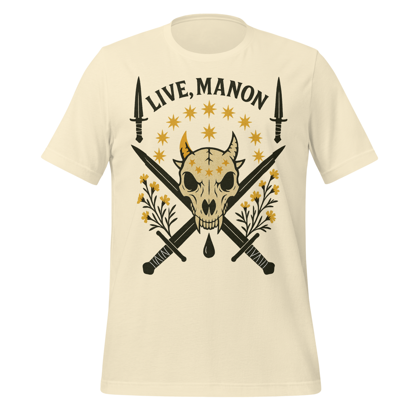 Live Manon Skull Swords and Floral Design Graphic Tee