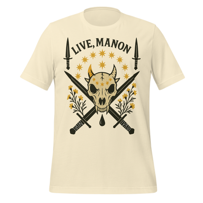 Live Manon Skull Swords and Floral Design Graphic Tee