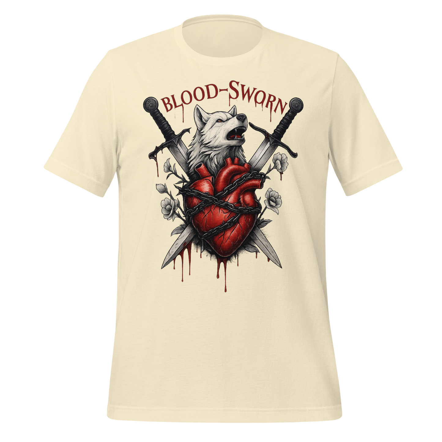 Blood-Sworn Wolf Swords Anatomical Heart Graphic Design Tee - MagicMerchEmporium