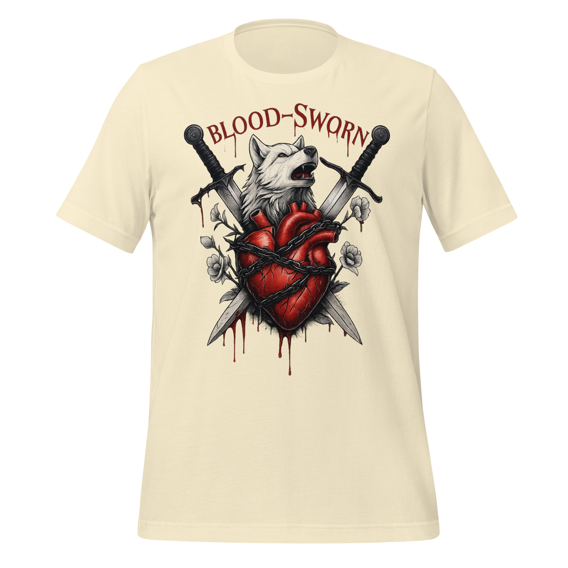Blood-Sworn Wolf Swords Anatomical Heart Graphic Design Tee - MagicMerchEmporium