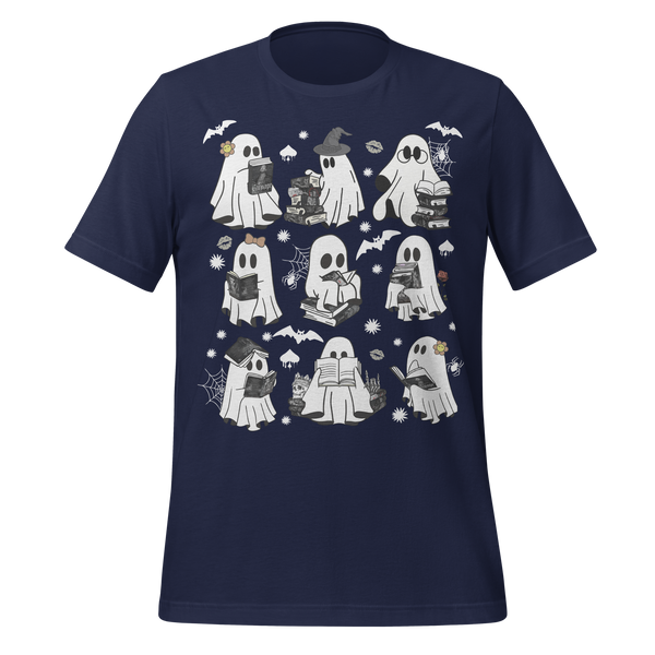 Spooky Reading Ghosts With Books Halloween Illustration Tee in Navy