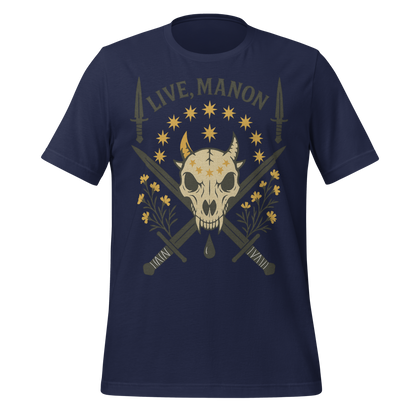 Live Manon Skull Swords and Floral Design Graphic Tee