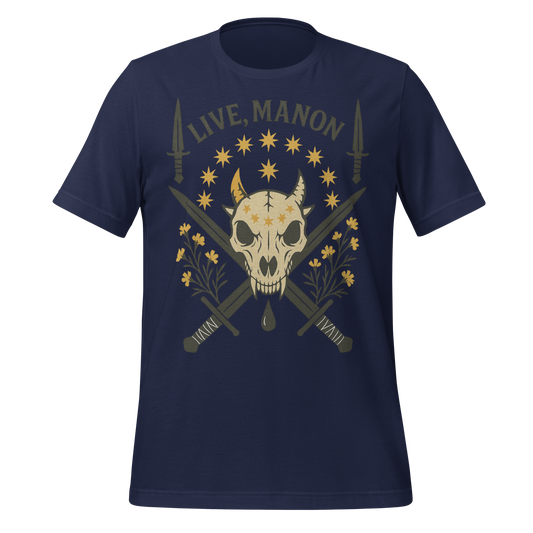 Live Manon Skull Swords and Floral Design Graphic Tee