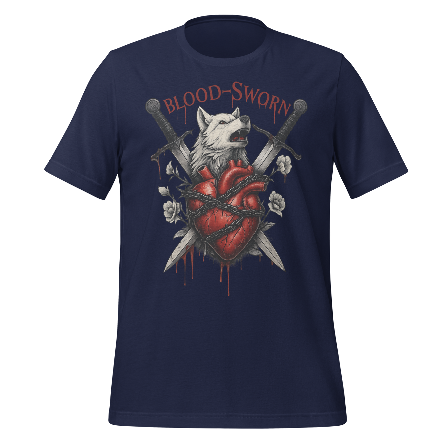 Blood-Sworn Wolf Swords Anatomical Heart Graphic Design Tee - MagicMerchEmporium