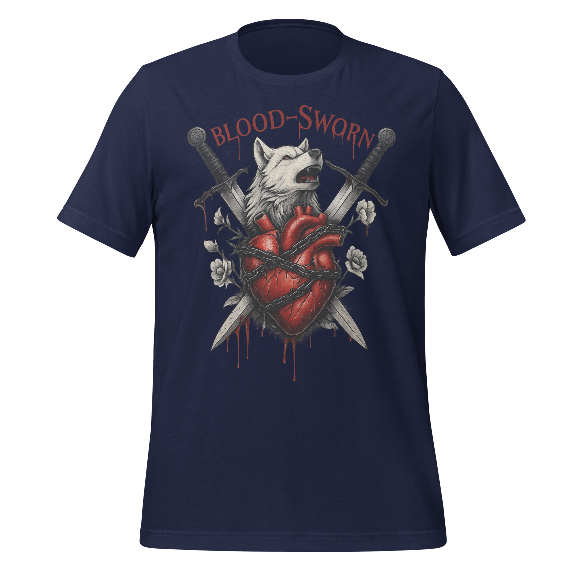 Blood-Sworn Wolf Swords Anatomical Heart Graphic Design Tee - MagicMerchEmporium
