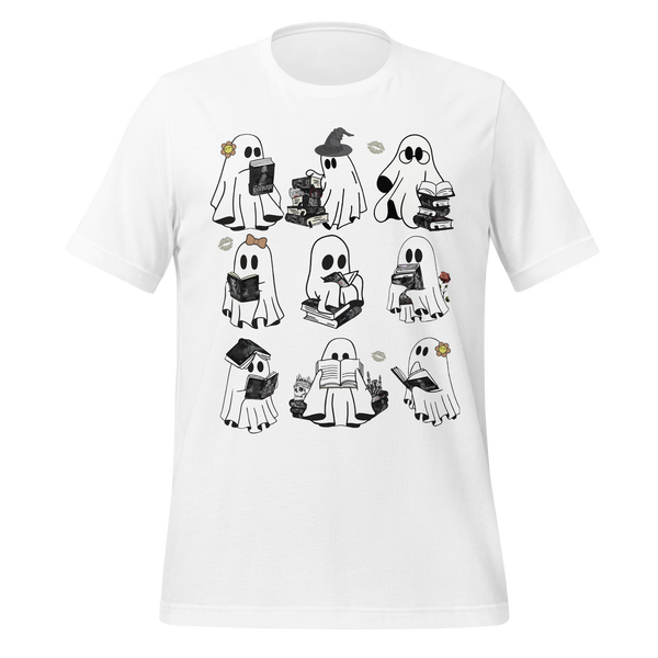Spooky Reading Ghosts With Books Halloween Illustration Tee in White