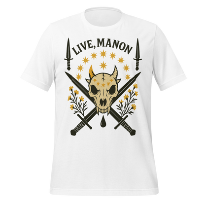 Live Manon Skull Swords and Floral Design Graphic Tee