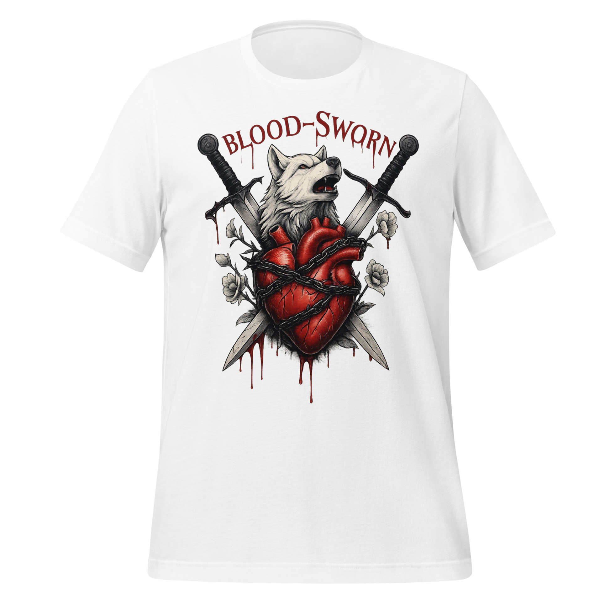 Blood-Sworn Wolf Swords Anatomical Heart Graphic Design Tee - MagicMerchEmporium
