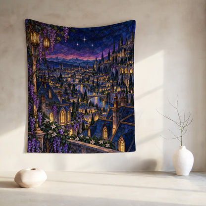 Velaris Rooftop Velveteen Plush Blanket hanging on a wall