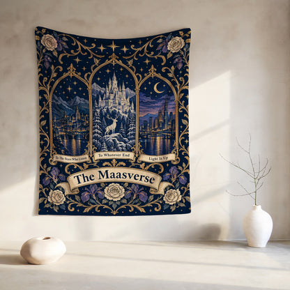 Maasverse Three Realms Crest Velveteen Plush Blanket hanging on a wall