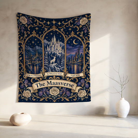 Maasverse Three Realms Crest Velveteen Plush Blanket hanging on a wall
