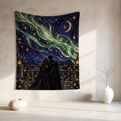 Starfall Stained Glass Velveteen Plush Blanket hanging on a wall