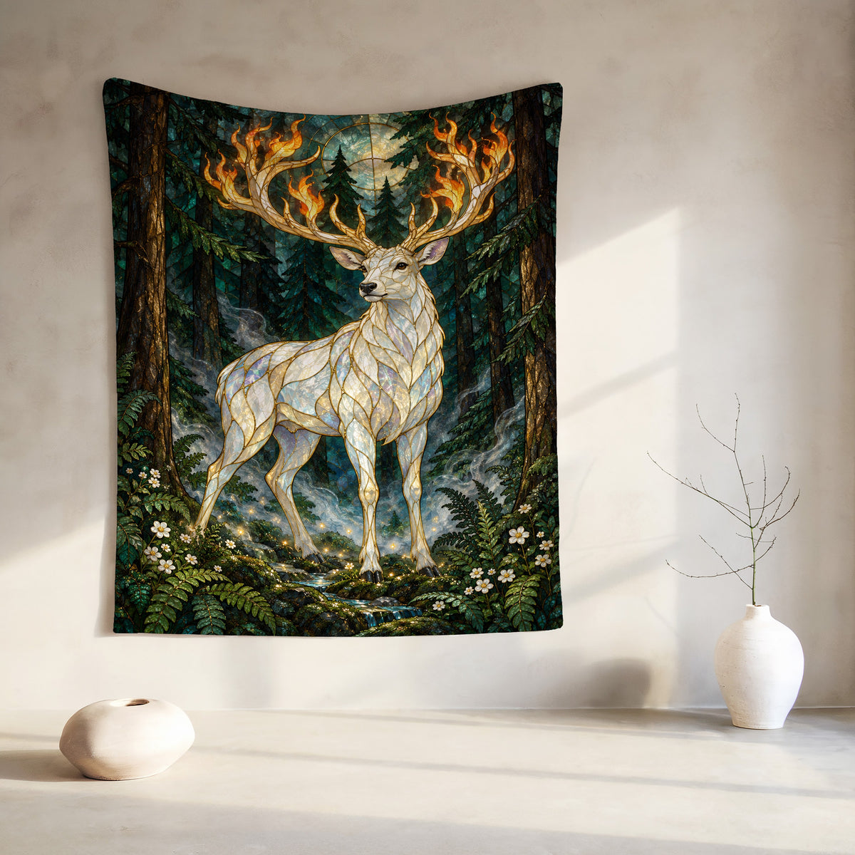 Terrasen Stag Velveteen Plush Blanket hanging on a wall