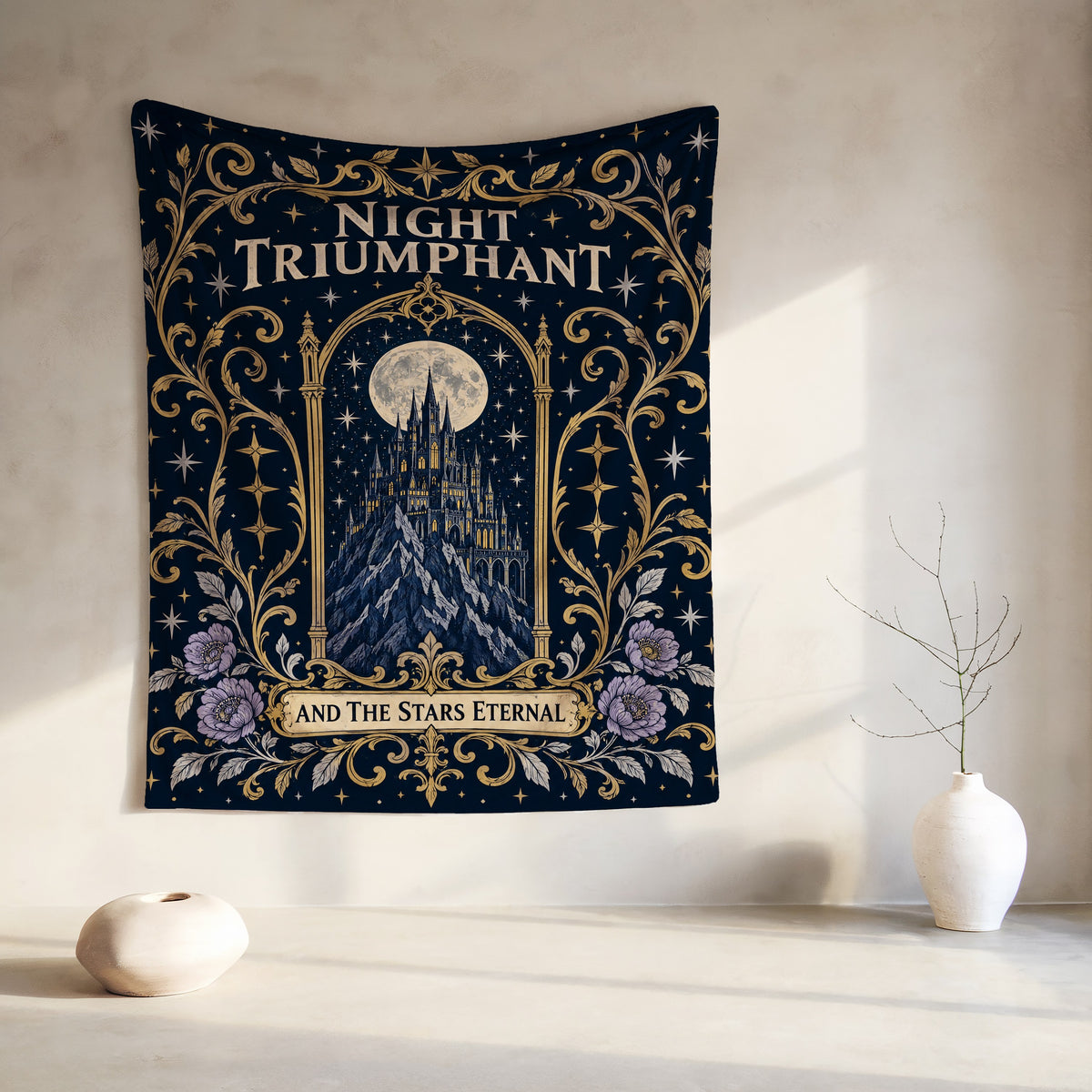 Night Triumphant Crest Velveteen Plush Blanket hanging on a wall