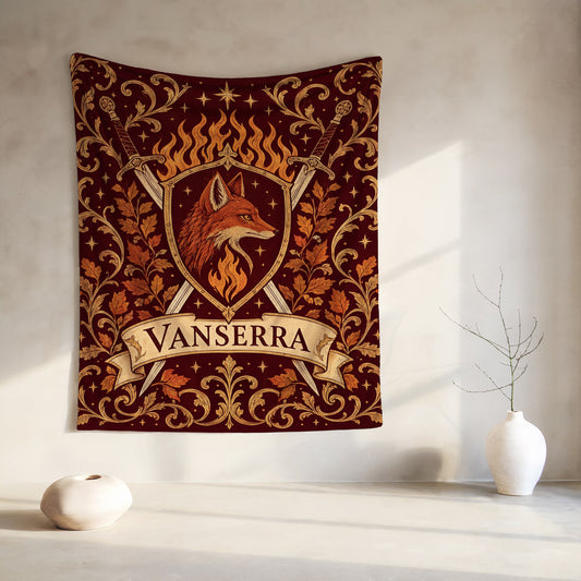 Vanserra Crest Velveteen Plush Blanket hanging on a wall