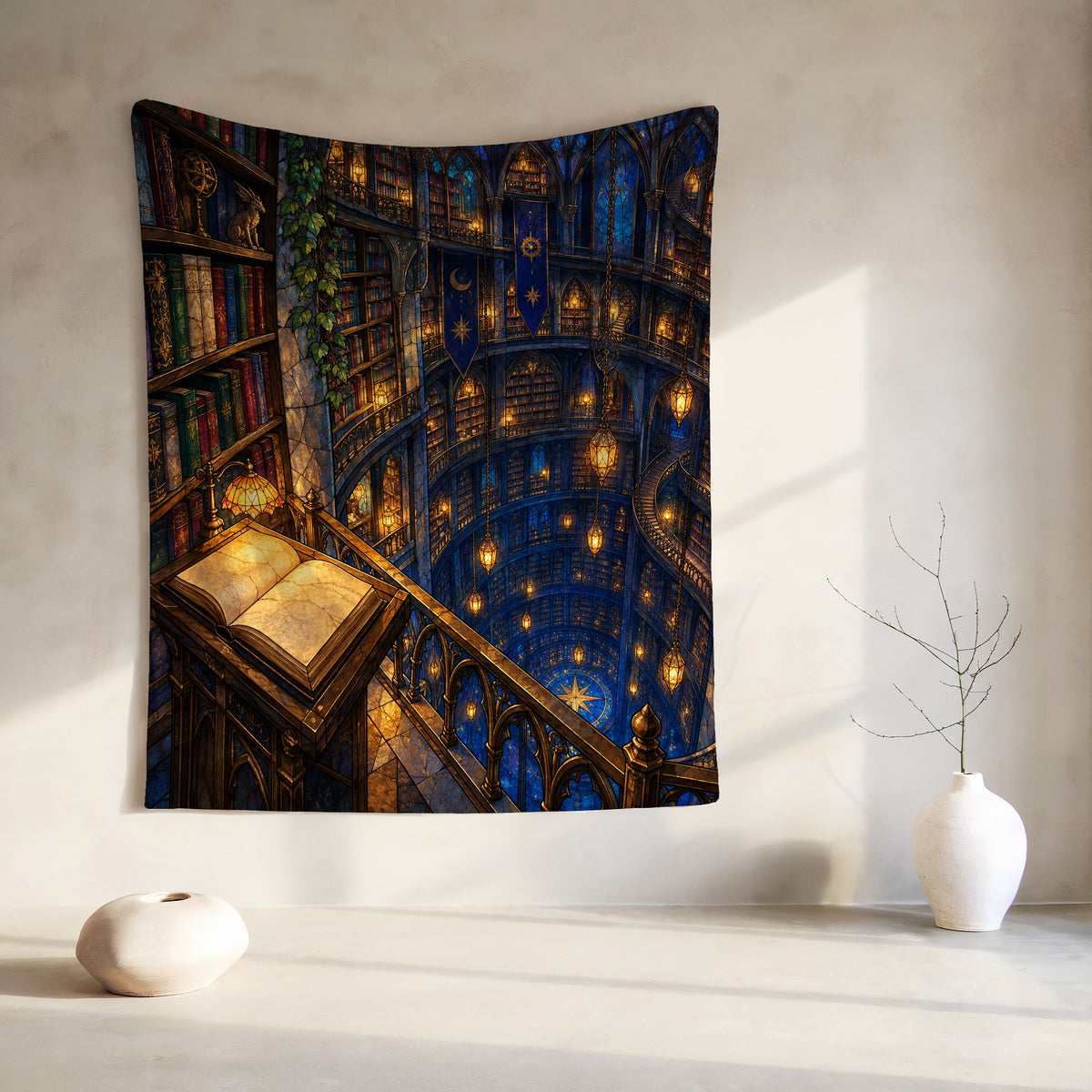 Midnight House of Wind Velveteen Plush Blanket hanging on a wall
