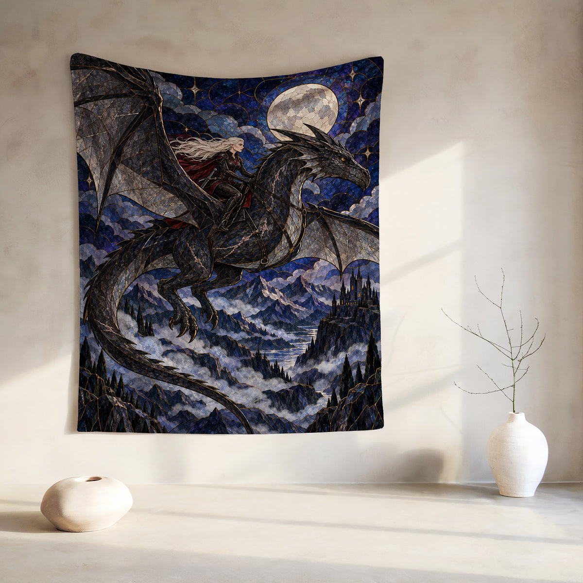 Above the Storm Velveteen Plush Blanket hanging on a wall