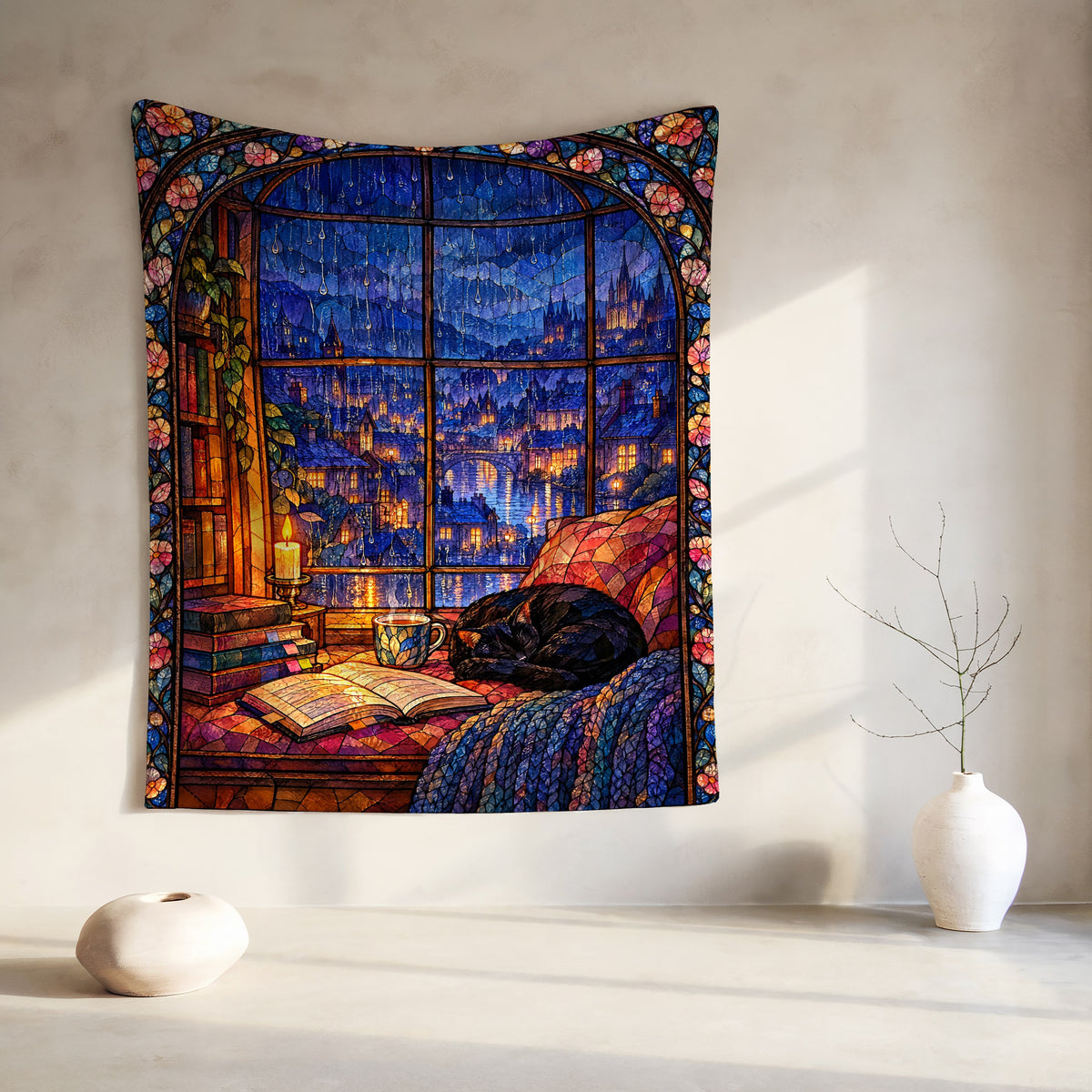 The Reader's Window Stained Glass Velveteen Plush Blanket hanging on a wall