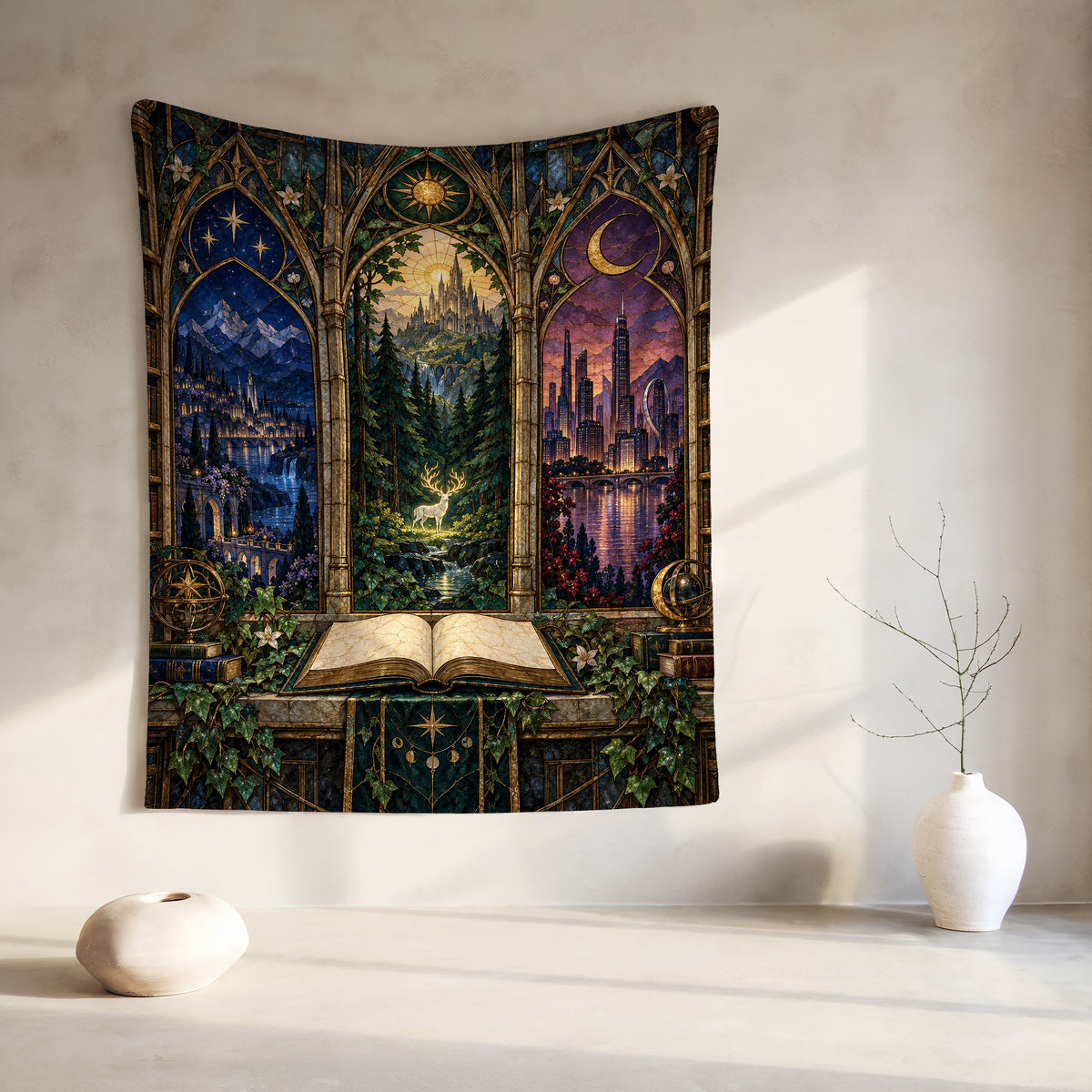 Maasverse Realms Velveteen Plush Blanket hanging on a wall