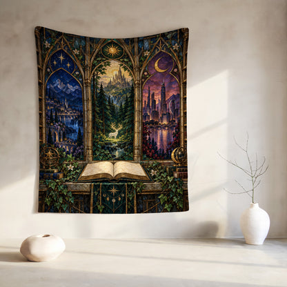 Maasverse Realms Velveteen Plush Blanket hanging on a wall