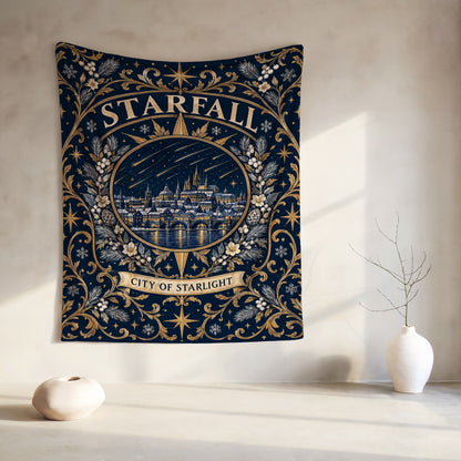 Starfall City of Starlight Crest Velveteen Plush Blanket hanging on a wall