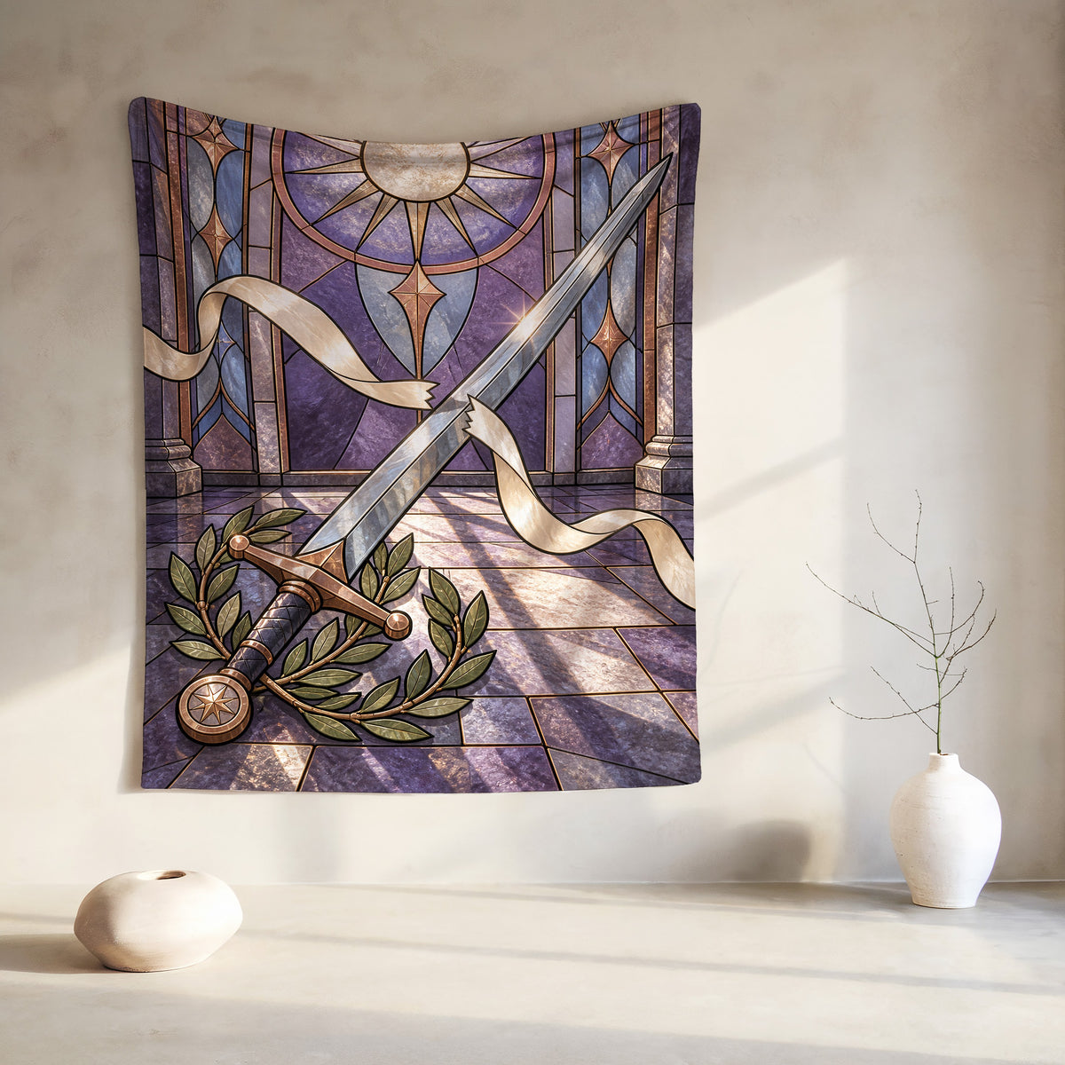 Radiant Blade Velveteen Plush Blanket hanging on a wall
