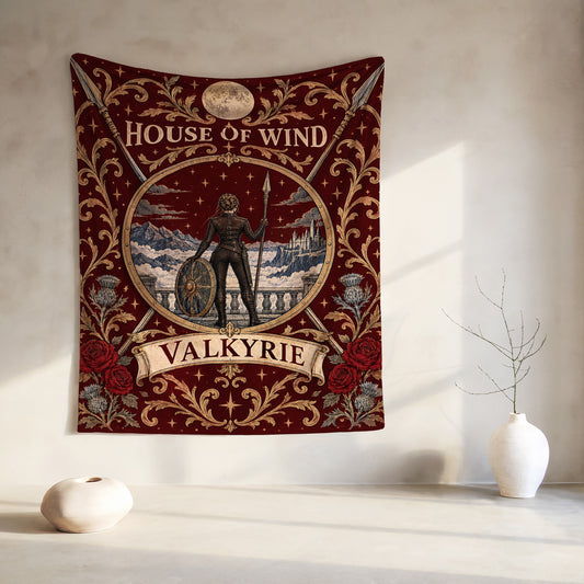 Valkyrie House of Wind Crest Velveteen Plush Blanket hanging on a wall
