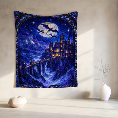 Basgiath by Night Stained Glass Velveteen Plush Blanket hanging on a wall