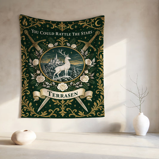 Terrasen Crest Velveteen Plush Blanket hanging on a wall
