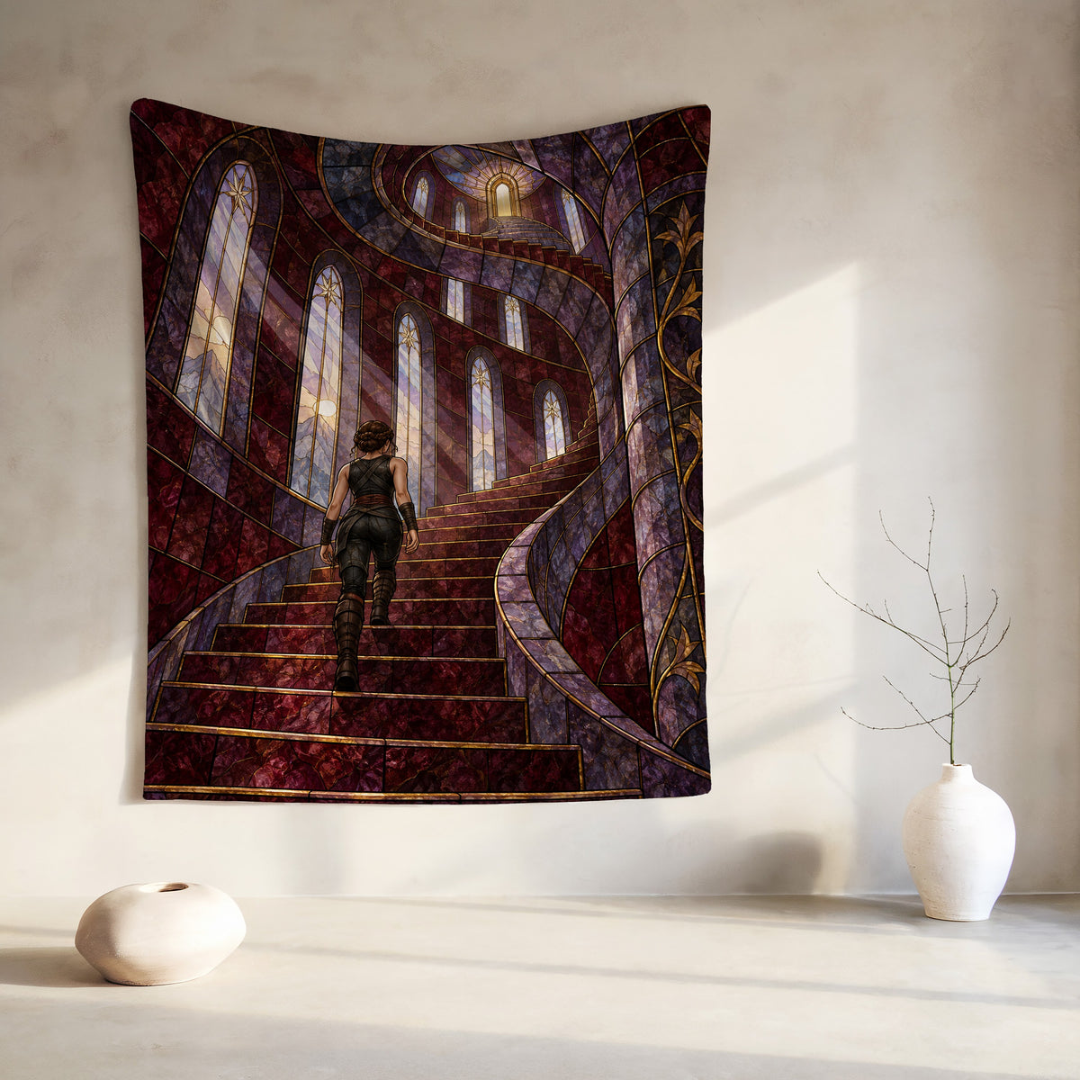 Nesta's Staircase Velveteen Plush Blanket hanging on a wall
