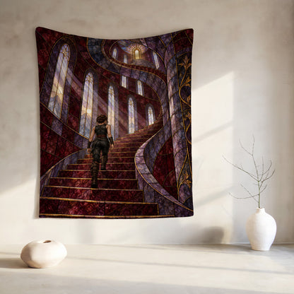 Nesta's Staircase Velveteen Plush Blanket hanging on a wall