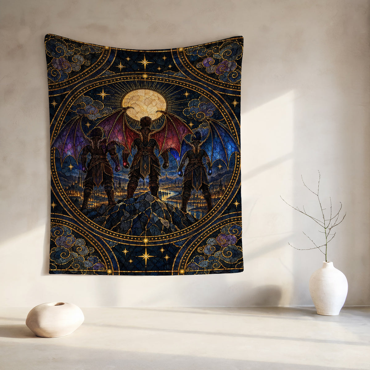 Illyrian Trio Stained Glass Velveteen Plush Blanket hanging on a wall