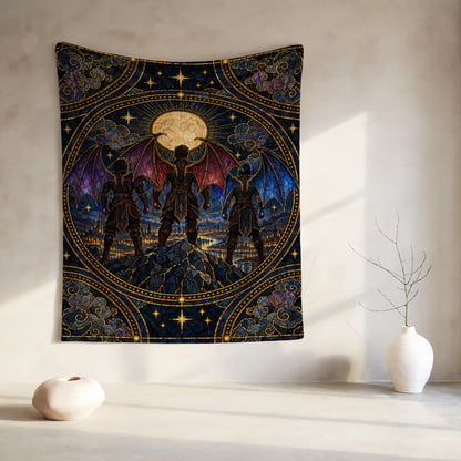 Illyrian Trio Stained Glass Velveteen Plush Blanket hanging on a wall