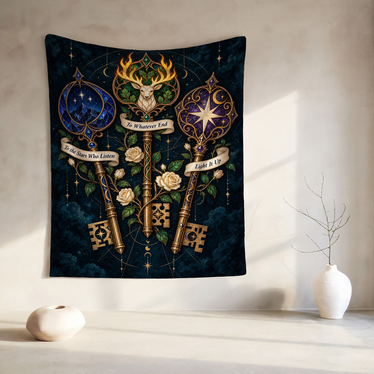 Bookish Maasverse Velveteen Plush Blanket hanging on a wall