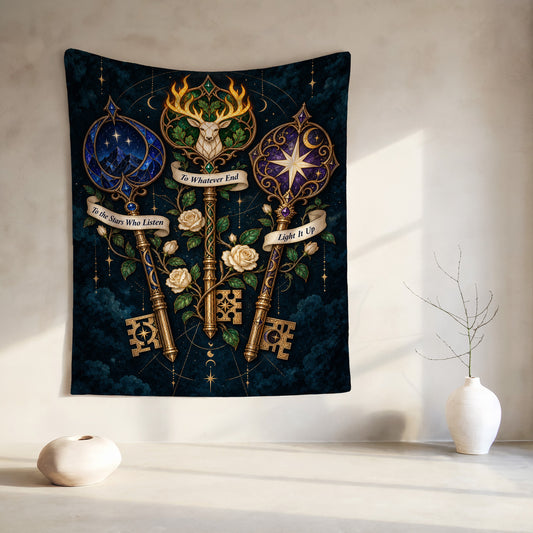 Bookish Maasverse Velveteen Plush Blanket hanging on a wall