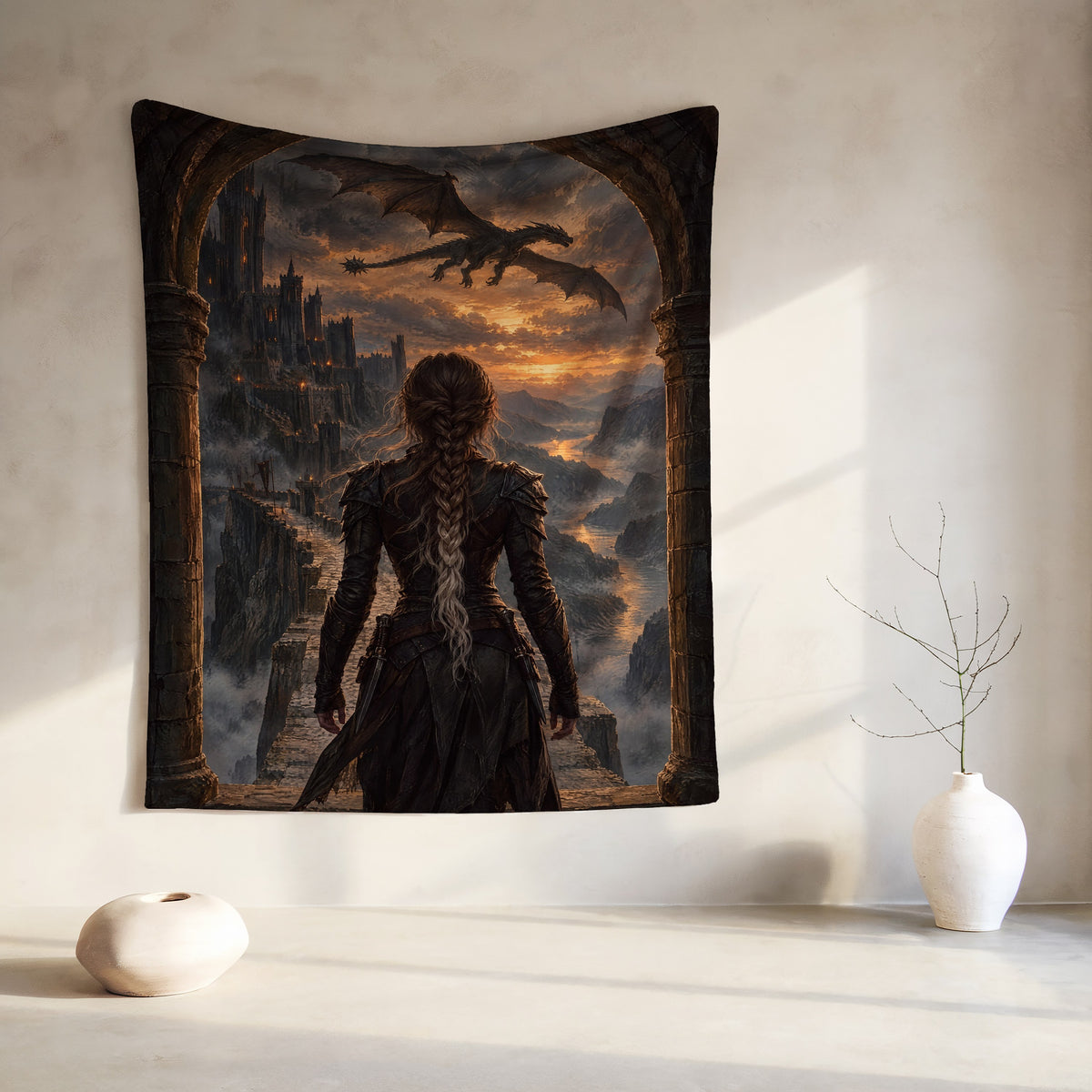 Violet at the Parapet Velveteen Plush Blanket hanging on a wall