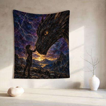 Dragon Rider Velveteen Plush Blanket hanging on a wall