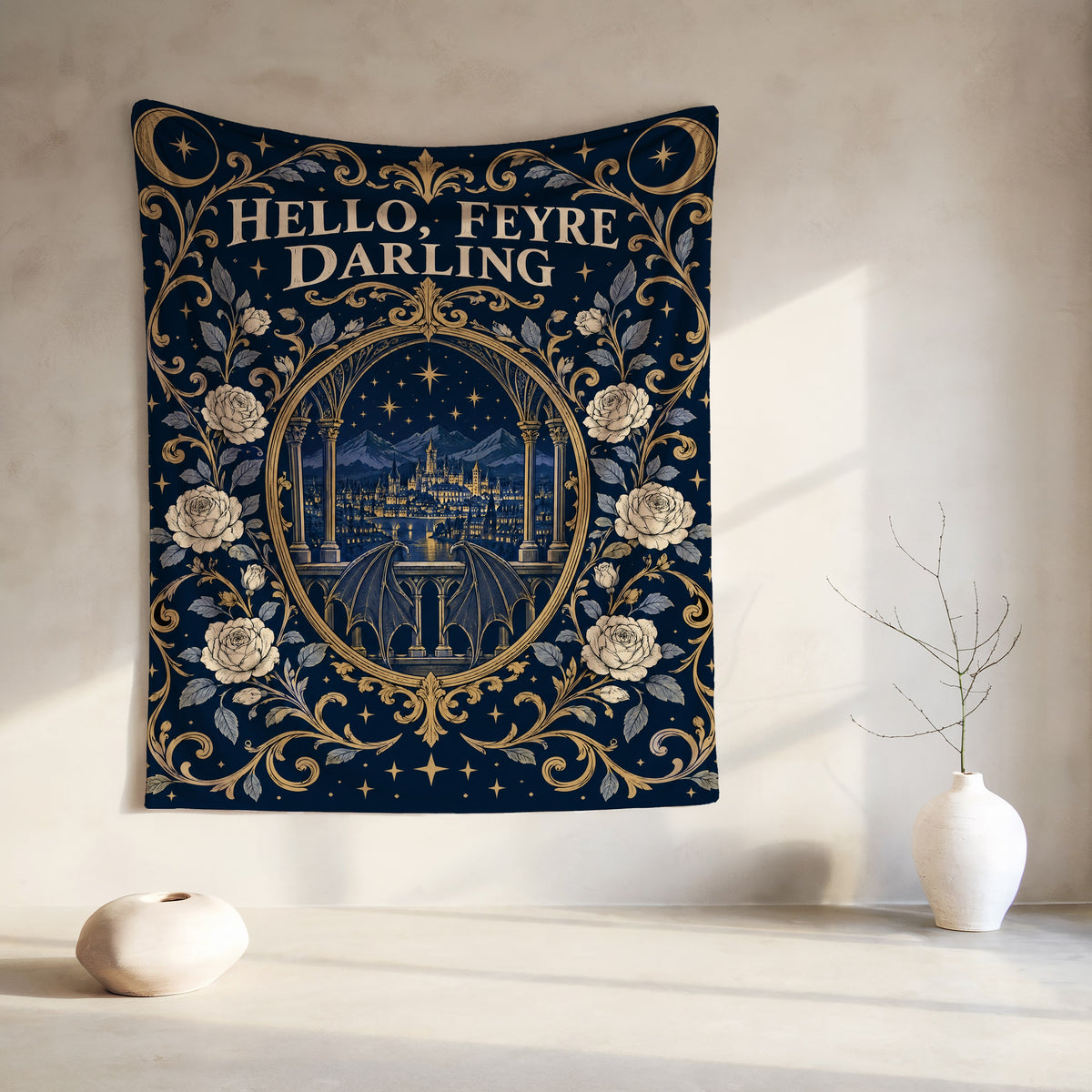 Hello Feyre Darling Crest Velveteen Plush Blanket hanging on a wall