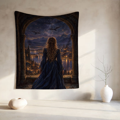 Feyre over Velaris Velveteen Plush Blanket hanging on a wall